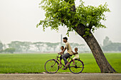Bogura, Bangladesch - 29. März 2022: Blick auf Kinder, die im Schatten eines Baumes Fahrrad fahren, wobei die grünen Felder eine heitere und idyllische Szene schaffen.