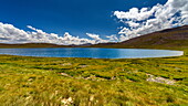 View of a stunning azure lake reflecting the vast sky, nestled amid the vibrant green and gold meadow, under the watchful gaze of distant mountains, Deosai National Park, Gilgit Baltistan, Pakistan.