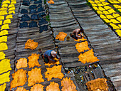 Dhaka, Bangladesh - 20 August 2023: Aerial view of men meticulously working on colorful leather hides spread across weathered wooden planks, creating a vibrant patchwork of textures and tones.