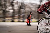 New York, United States - 24 December 2023: View of a pedestrian carrying bright shopping bags passes in front of Central Park, the blur of motion contrasting with the static horse-drawn carriage.