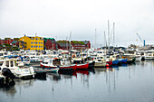 View of colorful boats docked in the calm harbor waters next to vibrant buildings with green roofs, creating a picturesque scene, Tórshavn, Streymoy, Faroe Islands.