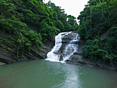 View of cascading waterfall plunges into a serene pool, surrounded by lush green trees, a tranquil oasis of nature's beauty, Mirsharai, Chittagong Division, Bangladesh.