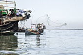 Cox's Bazar, Bangladesh - 29 November 2022: View of fishermen casting nets from their boats on the calm, shimmering waters of the bay, under a pale, expansive sky.