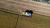 Aerial view of a combine harvester cutting through golden fields of ripe grain, creating stark lines against the earth, Vespolate, Piedmont, Italy.