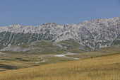 Blick auf goldene Felder, die sich unter einem klaren Himmel zu den majestätischen, schneebedeckten Bergen des Gran Sasso erstrecken, Isola del Gran Sasso D'italia, Abruzzen, Italien.