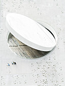 Aerial view of the stark white, elliptical Science and Innovation Centre roof contrasting with the textured ground below, Kaunas, Kaunas, Lithuania.