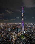 Aerial view of the Tokyo Skytree piercing the night sky with vibrant illumination above the sprawling cityscape, Tokyo, Japan.