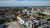 Aerial view of the vibrant cityscape where the Brda River meanders past the Opera Nova and historic buildings, a tapestry of old and new, Bydgoszcz, Województwo kujawsko-pomorskie, Poland.