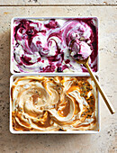 Blueberry and lemon ice cream, passion fruit and caramel ice cream