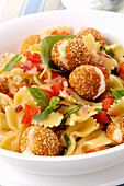 Farfalle alla Crudaiola with breaded mozzarella balls
