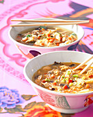 Chinese ravioli soup and Thai chicken soup with soy noodles