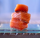 Cubed raw salmon