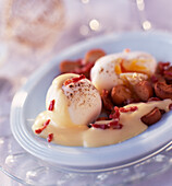 Soft-boiled egg with diced bacon and mustard sauce