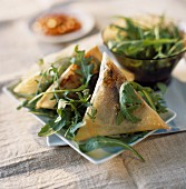 Crunchy smoked fillet of duck filo parcels with prunes