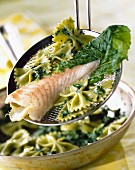 Green Farfalle pasta with cod and green sauce