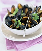 Bowl of cooked mussels