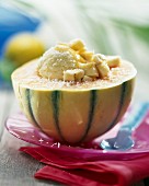 Melon with ice cream and exotic fruit
