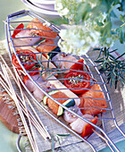 Fish skewers ready to be cooked on the barbecue