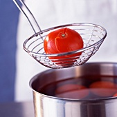 Blanchierte Tomate in Schaumlöffel