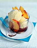 Scoops of nectarine sorbet with syrup