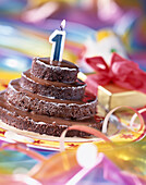 Chocolate birthday cake with candle