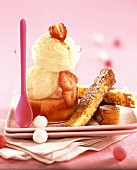 French toast with strawberries and vanilla ice cream