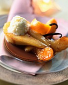 Buttered pears with cocoa and apple coulis