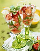 Strawberry fruit salad with fresh mint and lemon sherbet ice
