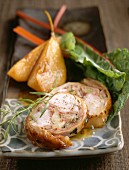Saddle of rabbit with pears