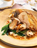 Guinea-fowl with foie gras,ceps and vegetables
