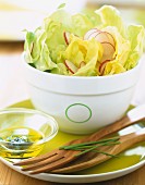 Junger Kopfsalat mit Radieschen, Dressing und Salatbesteck