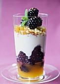 Yoghurt with blackberries, chopped almonds and honey