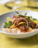 Salmon steak with chinese noodles and red onion
