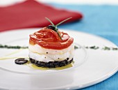 cod timbale with peppers and black olives