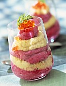 Scrambled eggs with beetroot mousse