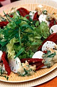 A green salad with dried tomatoes, mozzarella and chilli