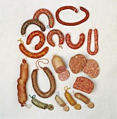 Selection of pork saucisson sausages and liver pâtés