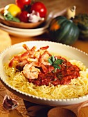 Pumpkin pasta with tomato sauce and prawns