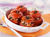 Tomatoes stuffed with boiled ham and spring vegetables