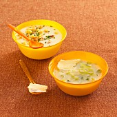 Creamy potato soup with Beaufort cheese, and potato leek soup with Camembert