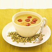 Cream of pea soup with chorizo