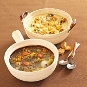 Resonated potato soup with Beaufort cheese, and rustic lentil soup