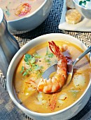 Tomato and vegetable soup with prawns