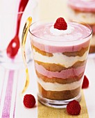 A layered dessert with rhubarb, raspberry mousse and vanilla cream in a glass