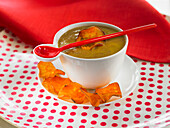 Chestnut soup and sweet potato chips