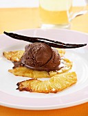 Chocolate ice cream with grilled pineapple
