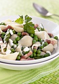 Shell pasta with peas and strips of bacon