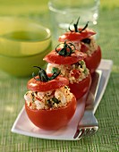 Tomatoes stuffed with tabbouleh and shrimps