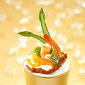 Cream cheese, shrimp, green vegetable and citrus fruit cocktail