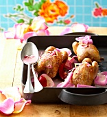 Roast quail with rose petals